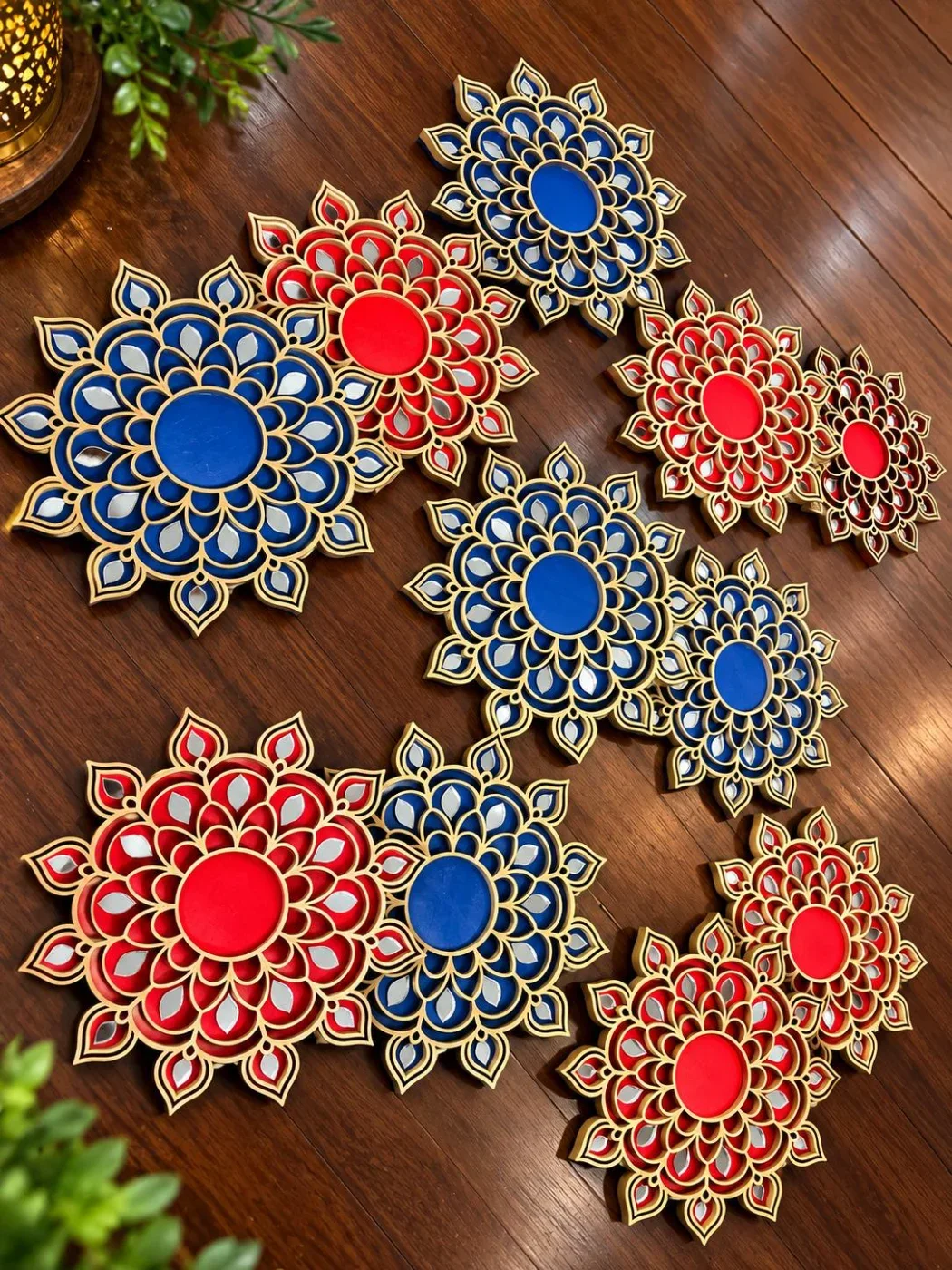 Wooden Diya Tealight Holder with Mirror Work – 6 pieces (3 red, 3 blue) — view 5