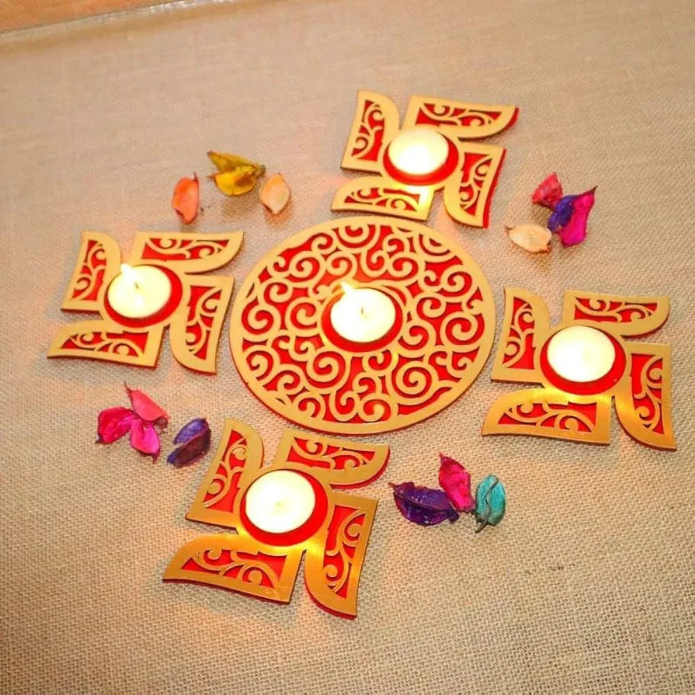 Rangoli Tealight Holder Set – 1 Centerpiece + 4 Side Holders — view 3