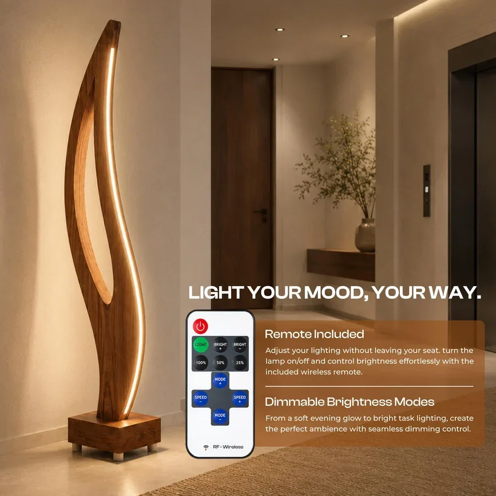 Aura Flow Curved LED Floor Lamp – Solid Teak Wood, 52 in — view 3