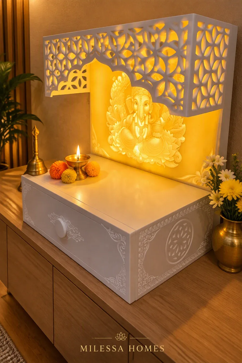 Corian Ganesha Mandir with Backlit Jaali Canopy & Drawer – White — view 2