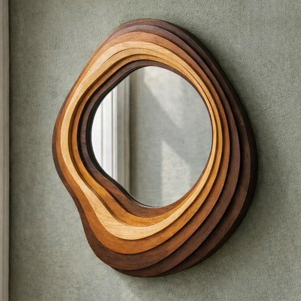 Contour Sculptural Wall Mirror – Layered Wood, 120 × 120 cm in MDF, wood-finish laminate, mirror — The Millessa Homes