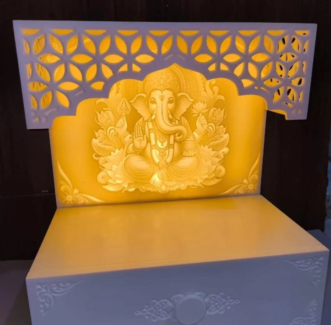 Corian Ganesha Mandir with Backlit Jaali Canopy & Drawer – White — view 5