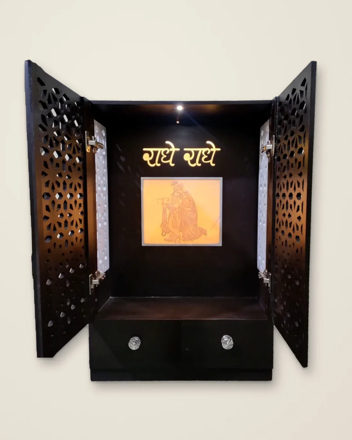 Wall-Mounted Jaali Wooden Mandir with Warm LED Light & 2 Drawers – Wenge in MDF, wenge finish, LED + battery pack — The Millessa Homes