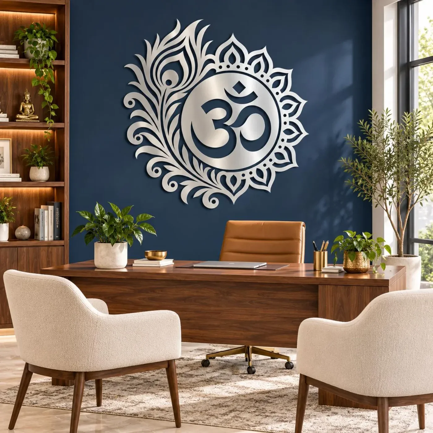 Om Mandala Peacock Feather Metal Wall Art – Laser-Cut Steel — view 5