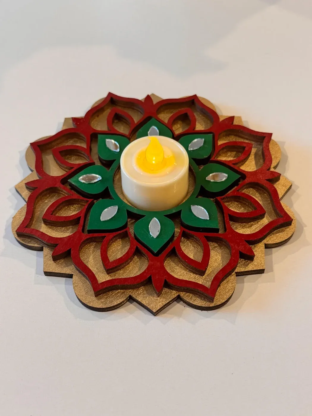 3-Layer Lotus Mirror Diya Tealight Holder – 6 in, Single or Set of 2, 3, 4 — view 4