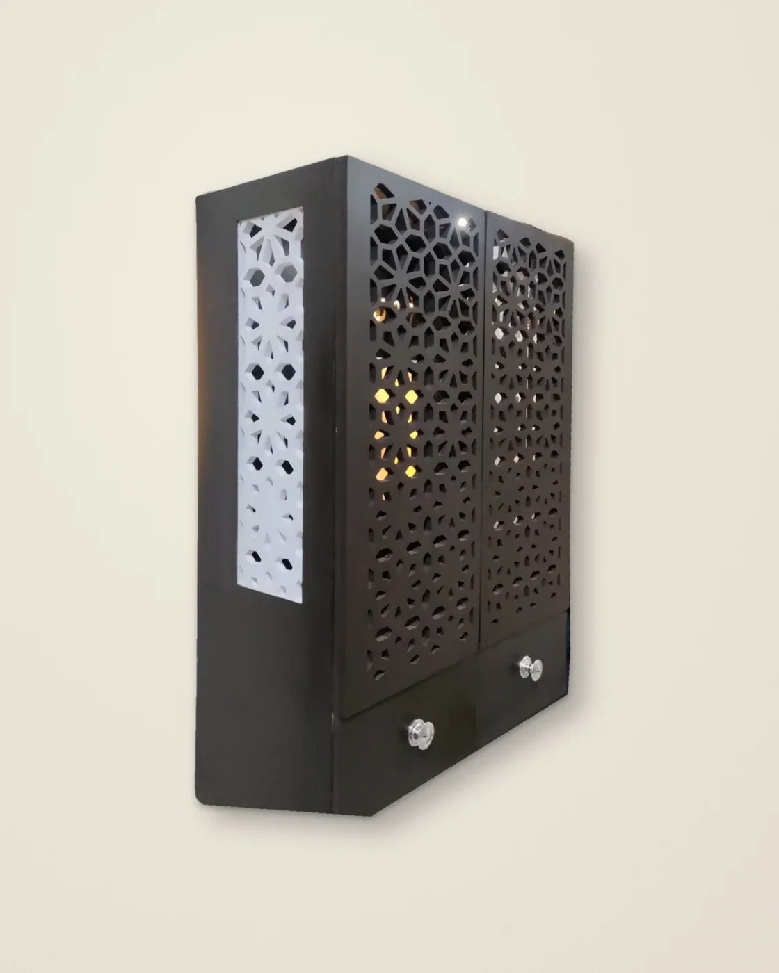 Wall-Mounted Jaali Wooden Mandir with Warm LED Light & 2 Drawers – Wenge — view 4