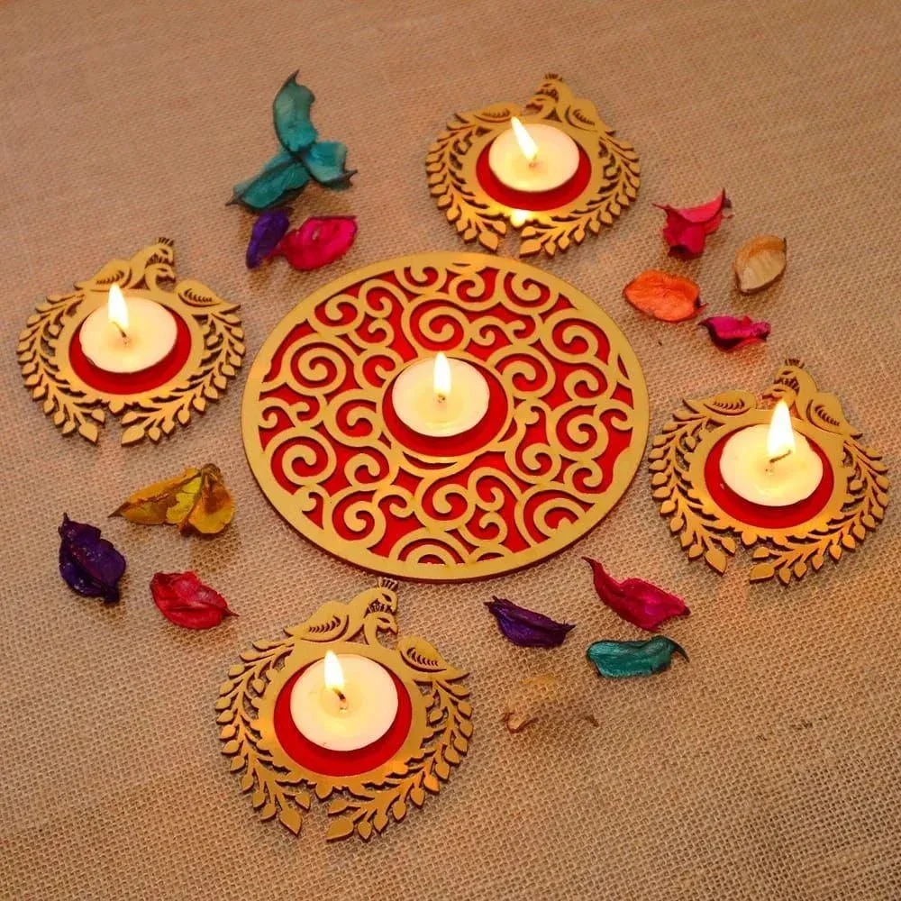Rangoli Tealight Holder Set – 1 Centerpiece + 4 Side Holders — view 2