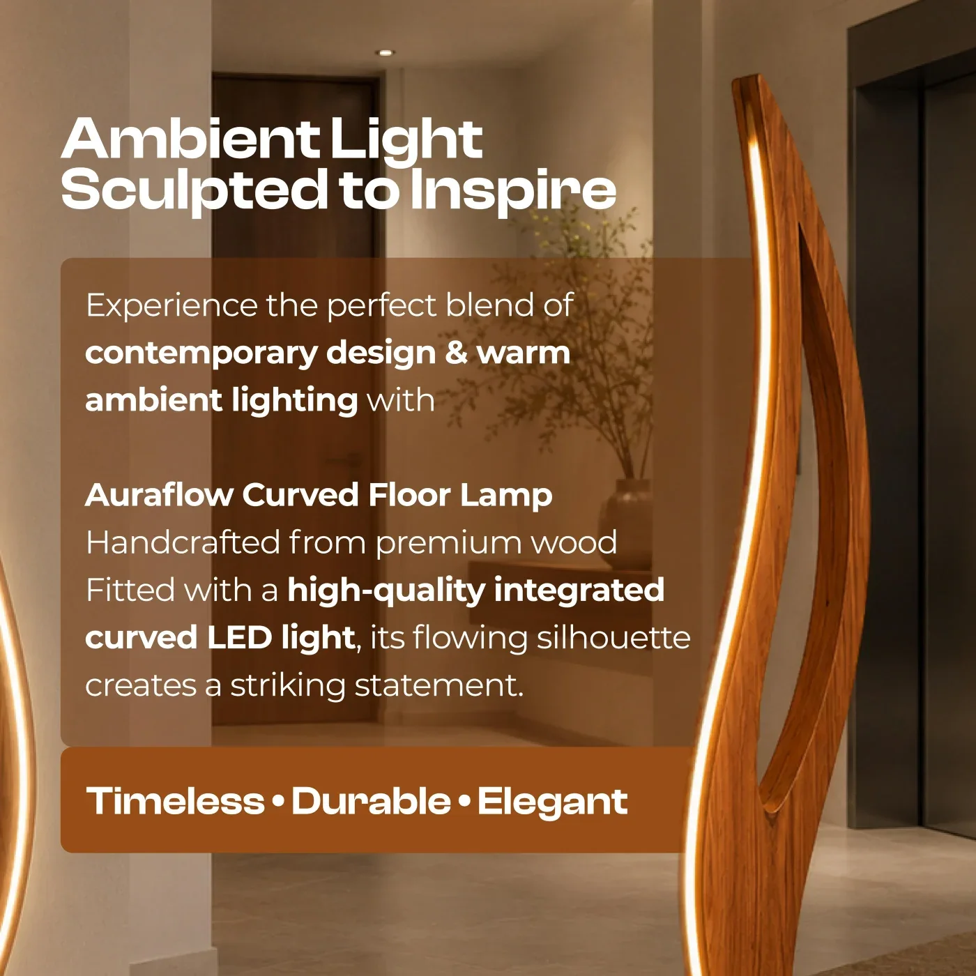 Aura Flow Curved LED Floor Lamp – Solid Teak Wood, 52 in — view 5