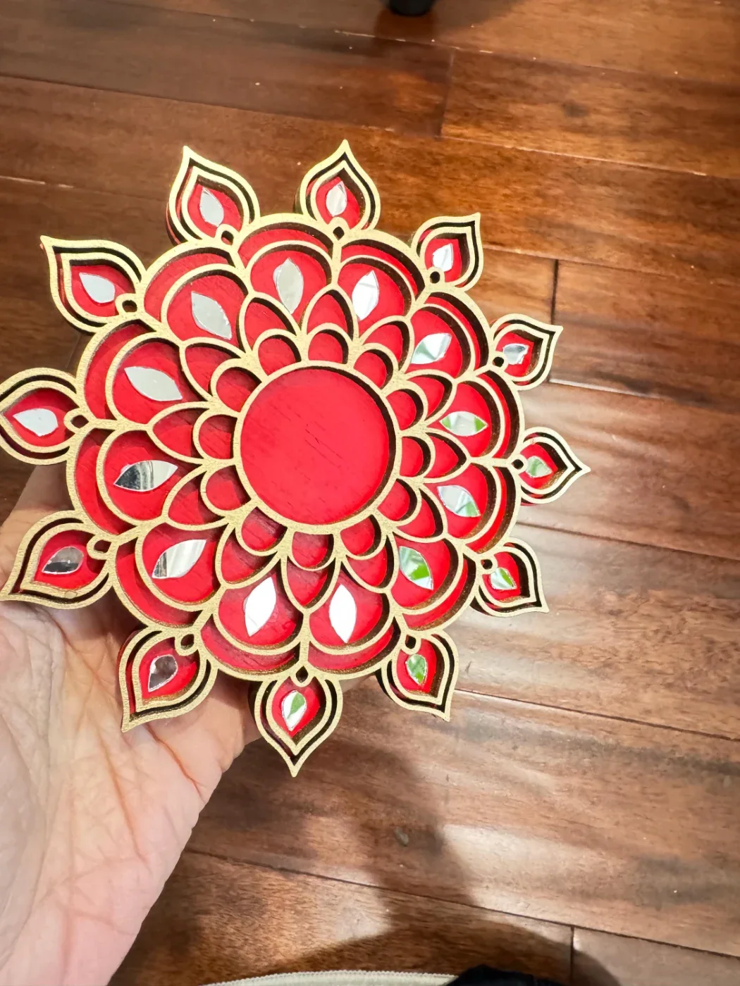 Wooden Diya Tealight Holder with Mirror Work – 6 pieces (3 red, 3 blue) — view 4