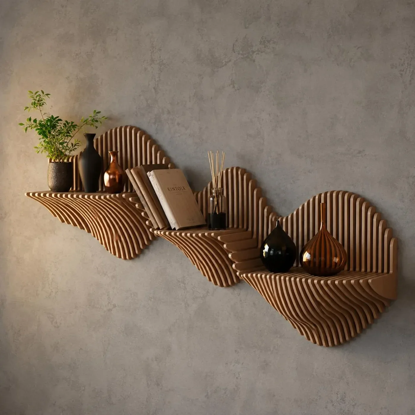 Parametric Wave Floating Wall Shelf – Sculpted Wood — view 2