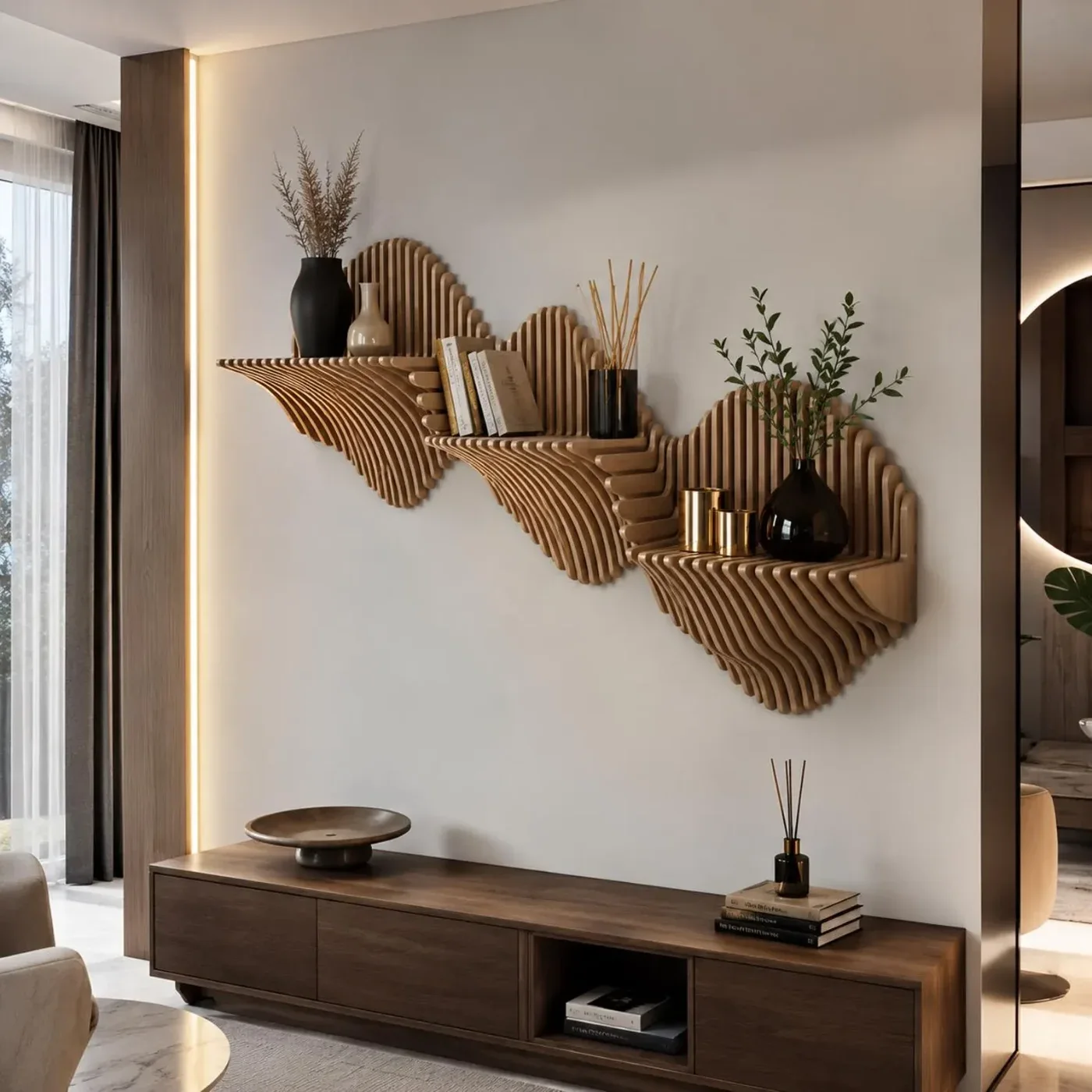 Parametric Wave Floating Wall Shelf – Sculpted Wood in Wood, CNC-cut slats — The Millessa Homes