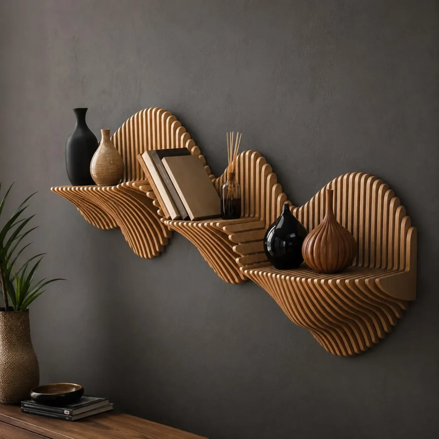 Parametric Wave Floating Wall Shelf – Sculpted Wood — view 3