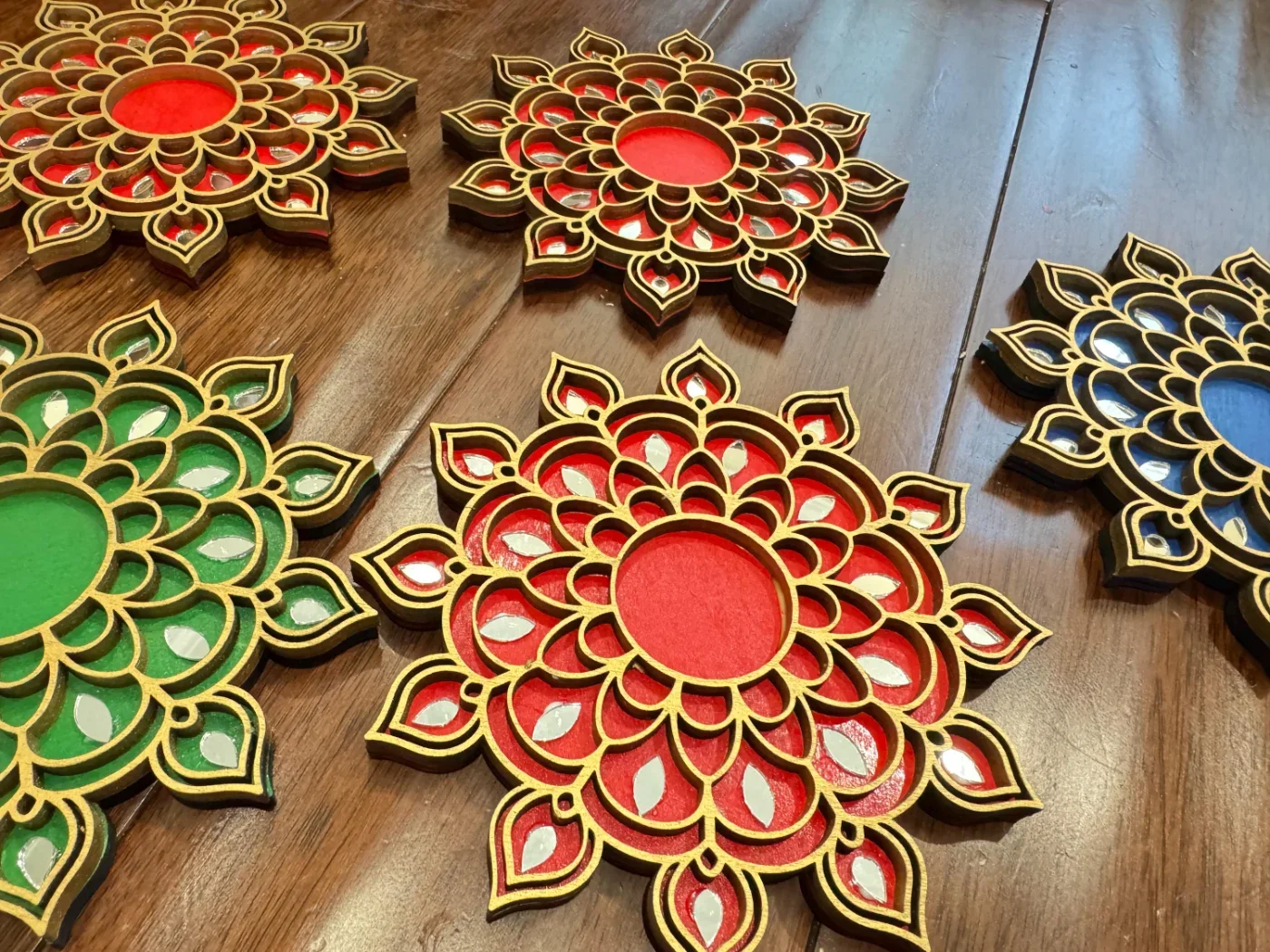 Wooden Diya Tealight Holder with Mirror Work – 6 pieces (3 red, 3 blue) — view 2