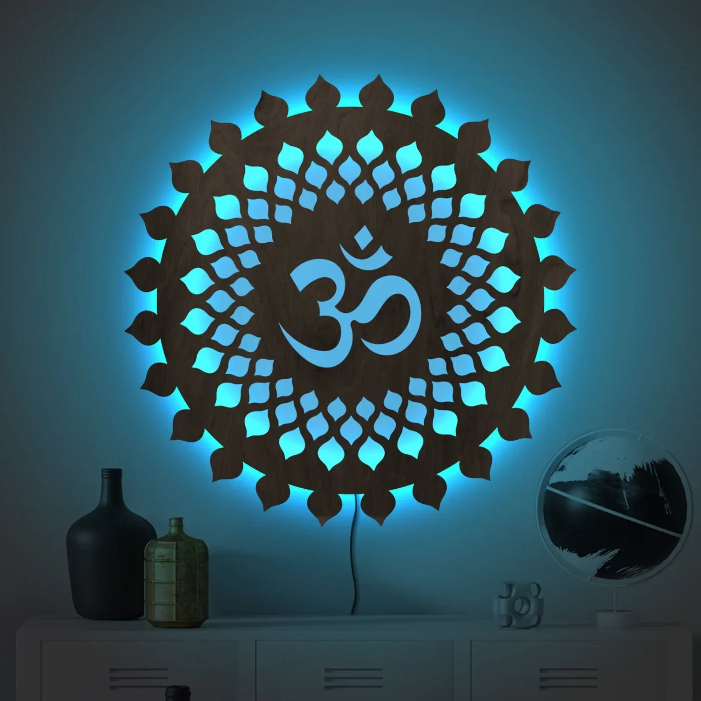 Om Mandala LED Wall Light – Wooden Mandala Neon Sign Wall Décor in Wood, LED lighting — The Millessa Homes