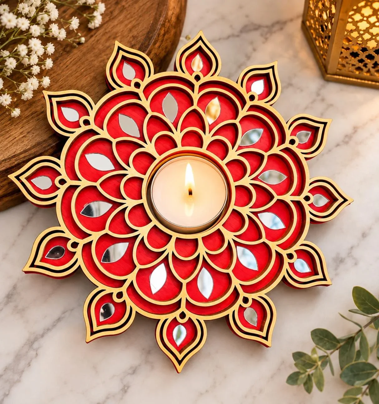 Wooden Diya Tealight Holder with Mirror Work – 6 pieces (3 red, 3 blue) in Birch wood — The Millessa Homes