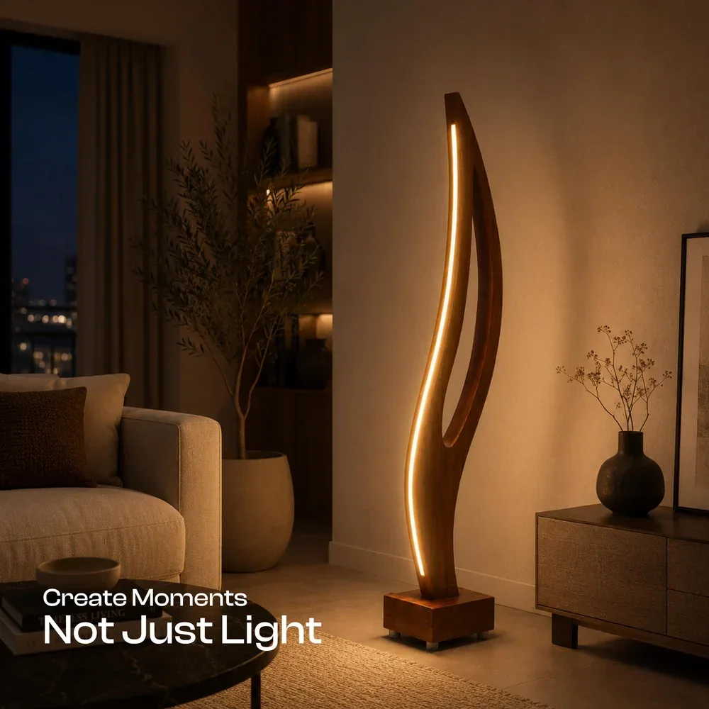 Aura Flow Curved LED Floor Lamp – Solid Teak Wood, 52 in — view 6