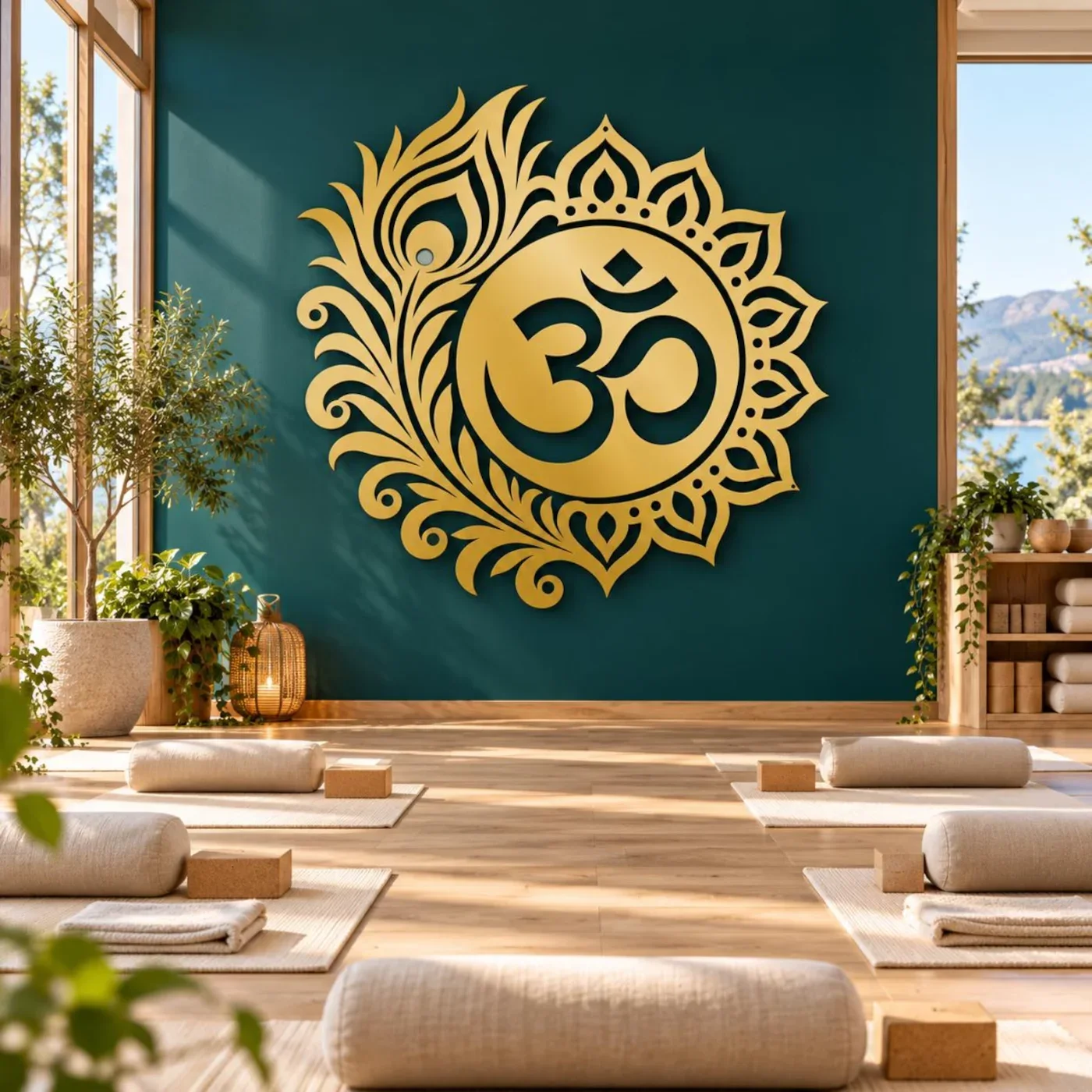 Om Mandala Peacock Feather Metal Wall Art – Laser-Cut Steel — view 4