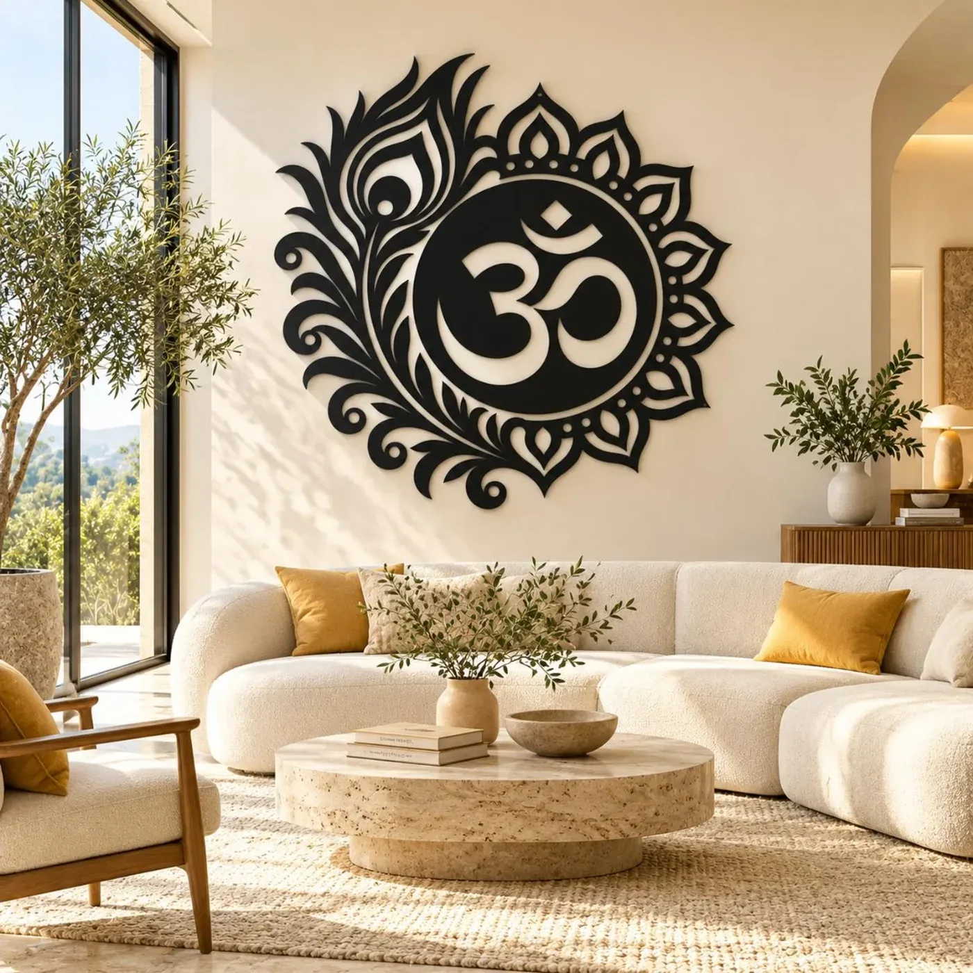 Om Mandala Peacock Feather Metal Wall Art – Laser-Cut Steel — view 6