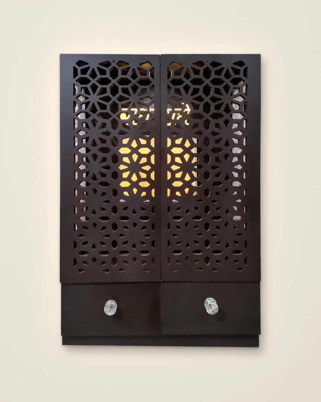 Wall-Mounted Jaali Wooden Mandir with Warm LED Light & 2 Drawers – Wenge — view 5
