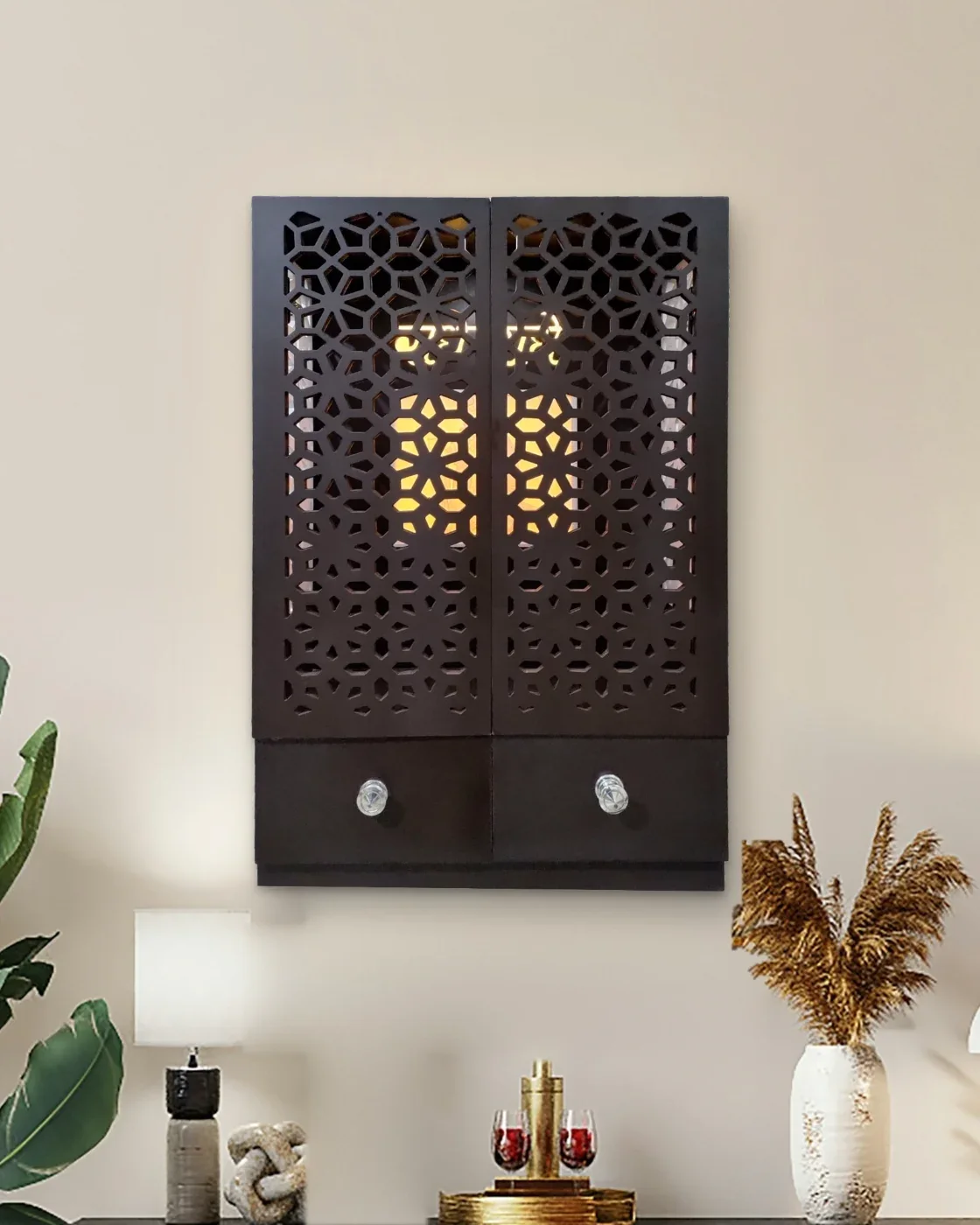 Wall-Mounted Jaali Wooden Mandir with Warm LED Light & 2 Drawers – Wenge — view 2