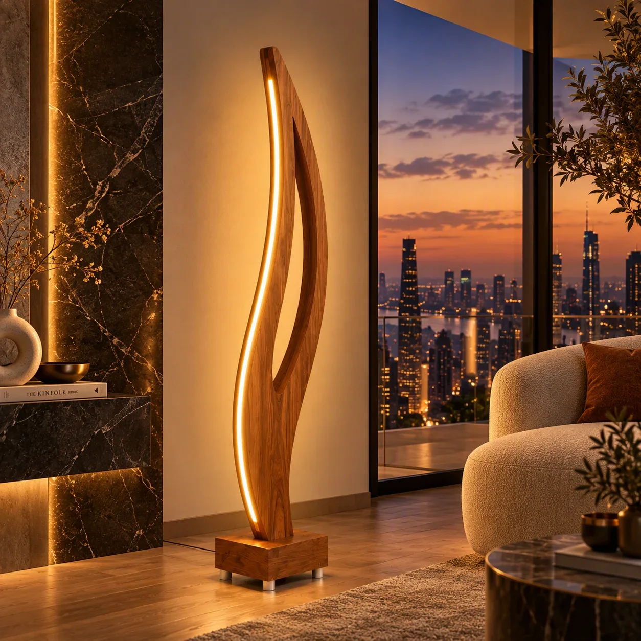 Aura Flow Curved LED Floor Lamp – Solid Teak Wood, 52 in — view 2