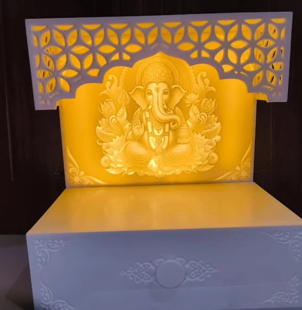 Corian Ganesha Mandir with Backlit Jaali Canopy & Drawer – White — view 3