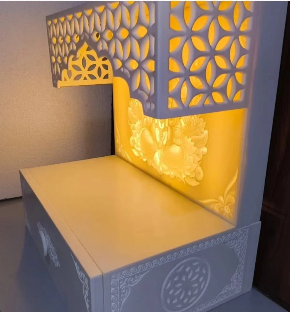 Corian Ganesha Mandir with Backlit Jaali Canopy & Drawer – White — view 4