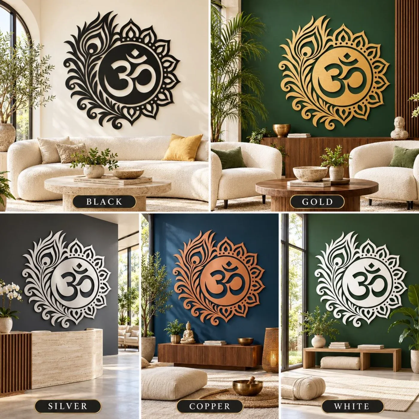 Om Mandala Peacock Feather Metal Wall Art – Laser-Cut Steel — view 2