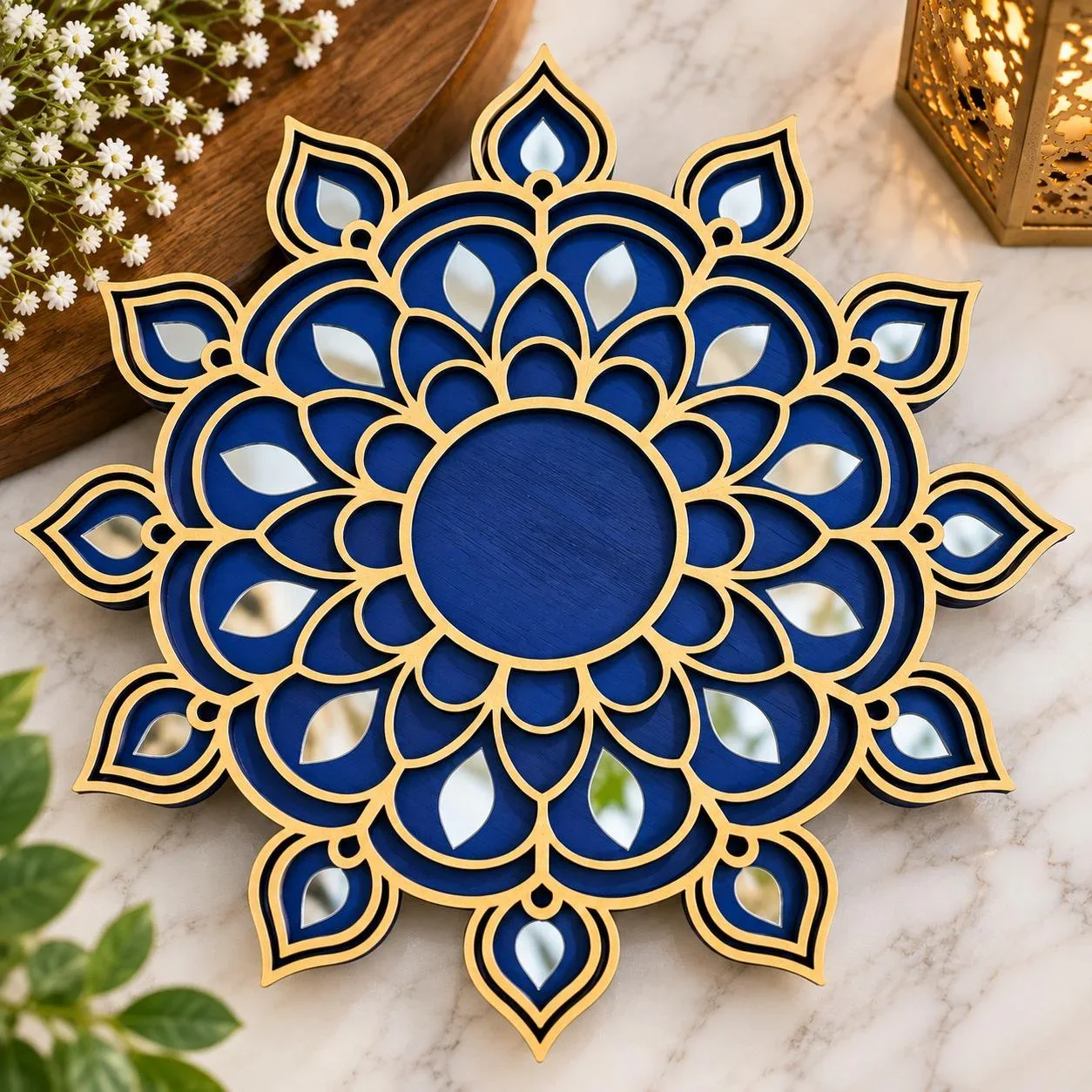 Wooden Diya Tealight Holder with Mirror Work – 6 pieces (3 red, 3 blue) — view 3