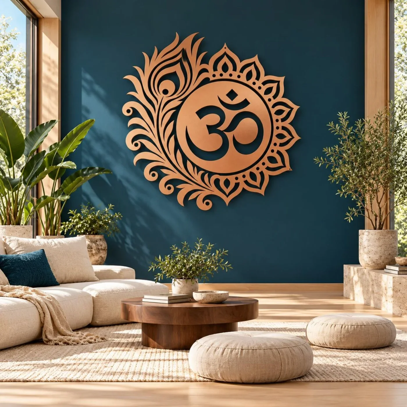 Om Mandala Peacock Feather Metal Wall Art – Laser-Cut Steel — view 3