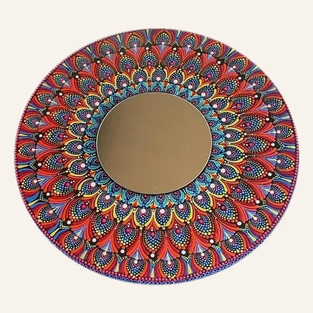 Hand-Painted Dot Mandala Wall Mirror – Round, 76 cm in Acrylic dot painting on board, mirror — The Millessa Homes