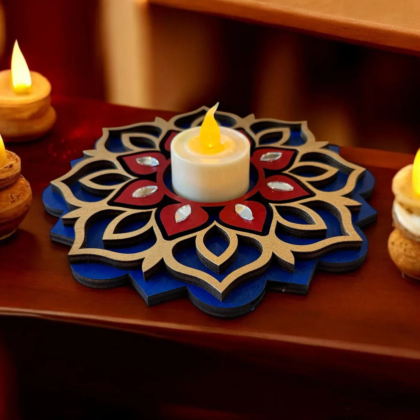 3-Layer Lotus Mirror Diya Tealight Holder – 6 in, Single or Set of 2, 3, 4 — view 2