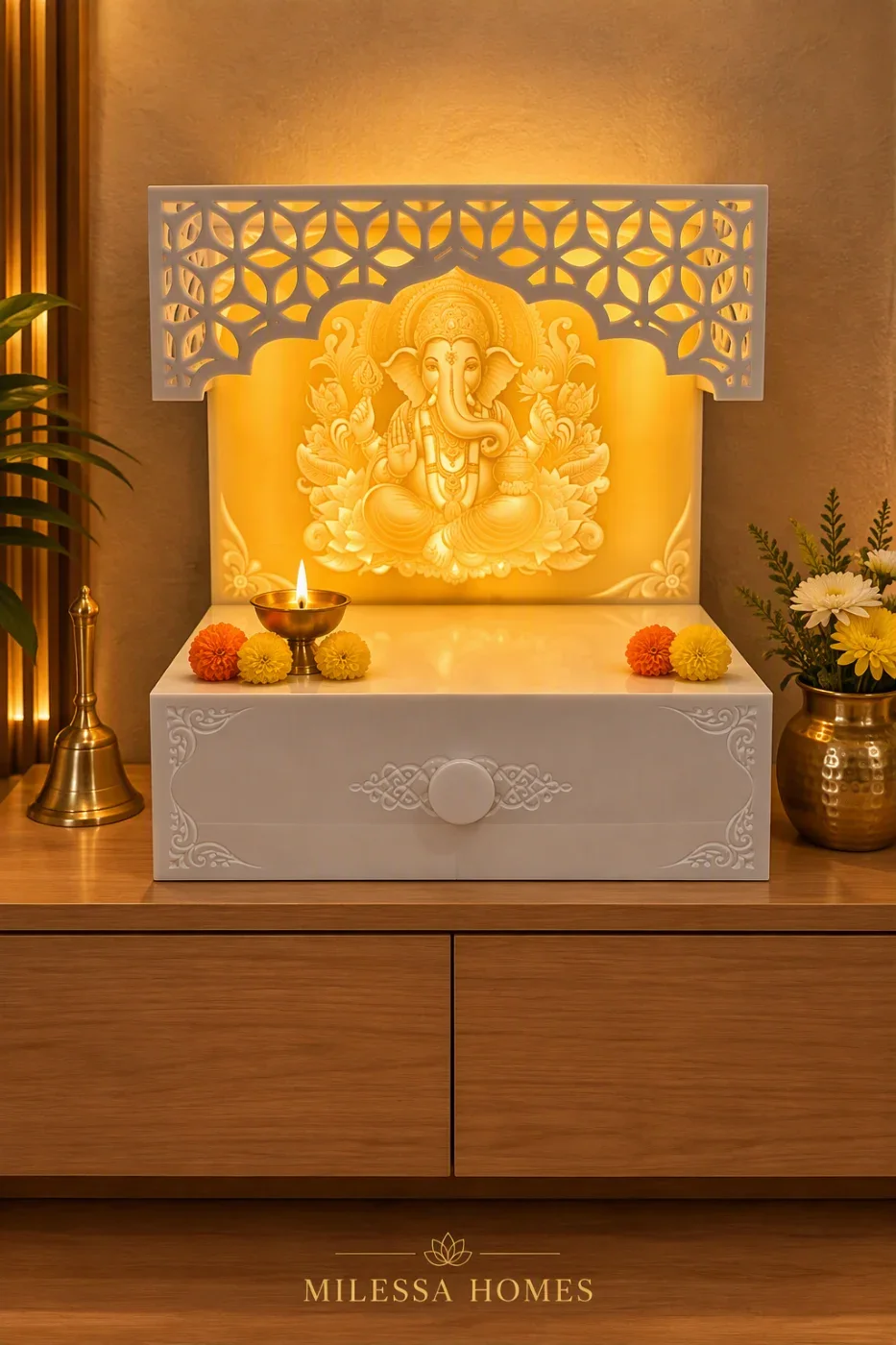 Corian Ganesha Mandir with Backlit Jaali Canopy & Drawer – White in Corian with MDF frame — The Millessa Homes