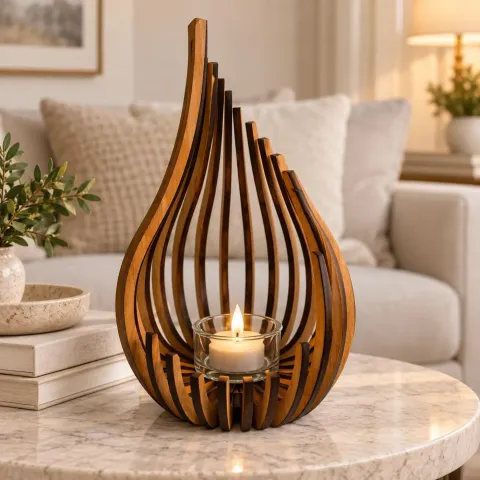 Slatted Wood Teardrop Lantern Candle Holder – Medium, 23.5 cm