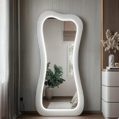 Curved LED Wall Mirror with Wooden Frame – 42 × 18 in, with Stand