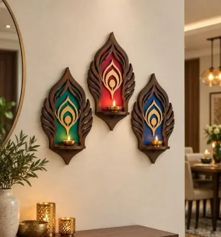 Peacock Feather Wall Jharokha Diya Holders – Set of 3, Wood