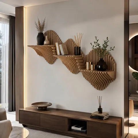 Parametric Wave Floating Wall Shelf – Sculpted Wood
