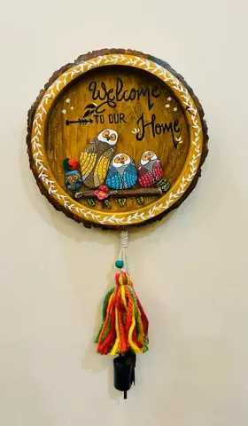 Hand-Painted Owl Family "Welcome to Our Home" Wooden Wall Hanging with Tassel & Bell