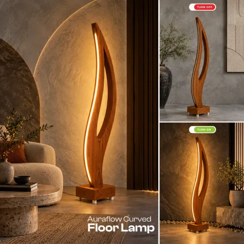 Aura Flow Curved LED Floor Lamp – Solid Teak Wood, 52 in