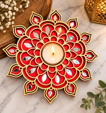 Wooden Diya Tealight Holder with Mirror Work – 6 pieces (3 red, 3 blue)