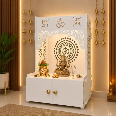 Om Chakra Floor Mandir with Shelf & Focus Light – White