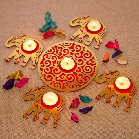 Rangoli Tealight Holder Set – 1 Centerpiece + 4 Side Holders