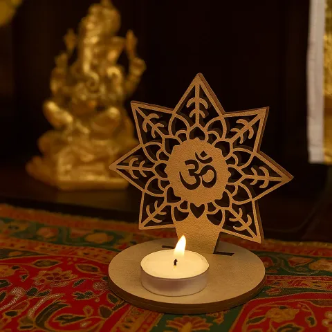 Om Mandala Tea Light Holder – Laser-Cut Wood, 4 in