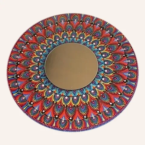 Hand-Painted Dot Mandala Wall Mirror – Round, 76 cm