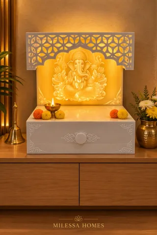 Corian Ganesha Mandir with Backlit Jaali Canopy & Drawer – White